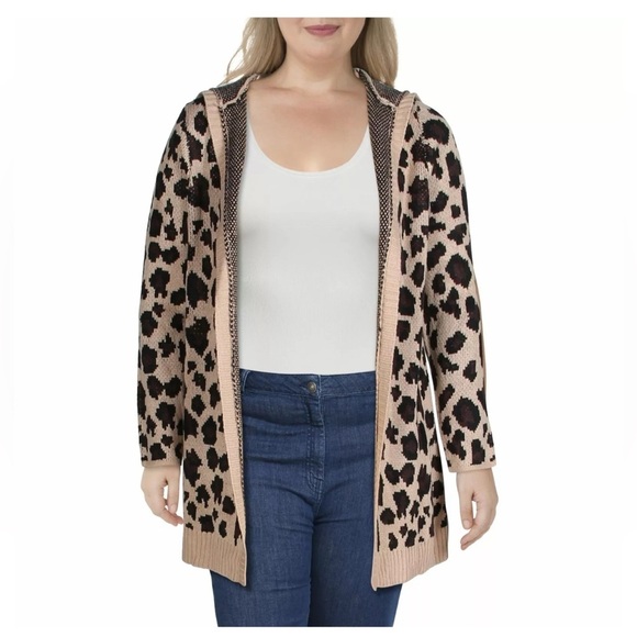 Cable & Gauge Sweaters - Cable & Gauge Hooded Open Duster Cardigan Tan Multi Leopard Animal Print